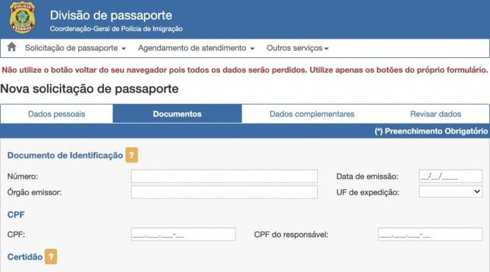 Segunda tela para emissão do passaporte. Como tirar o passaporte