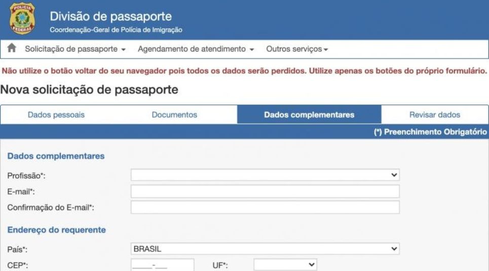 Terceira tela para emissão do passaporte brasileiro. Como tirar o passaporte