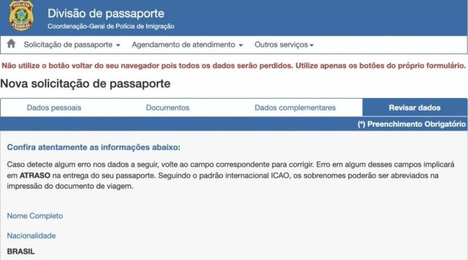 Última tela para confirmação de dados. Emissão do passaporte